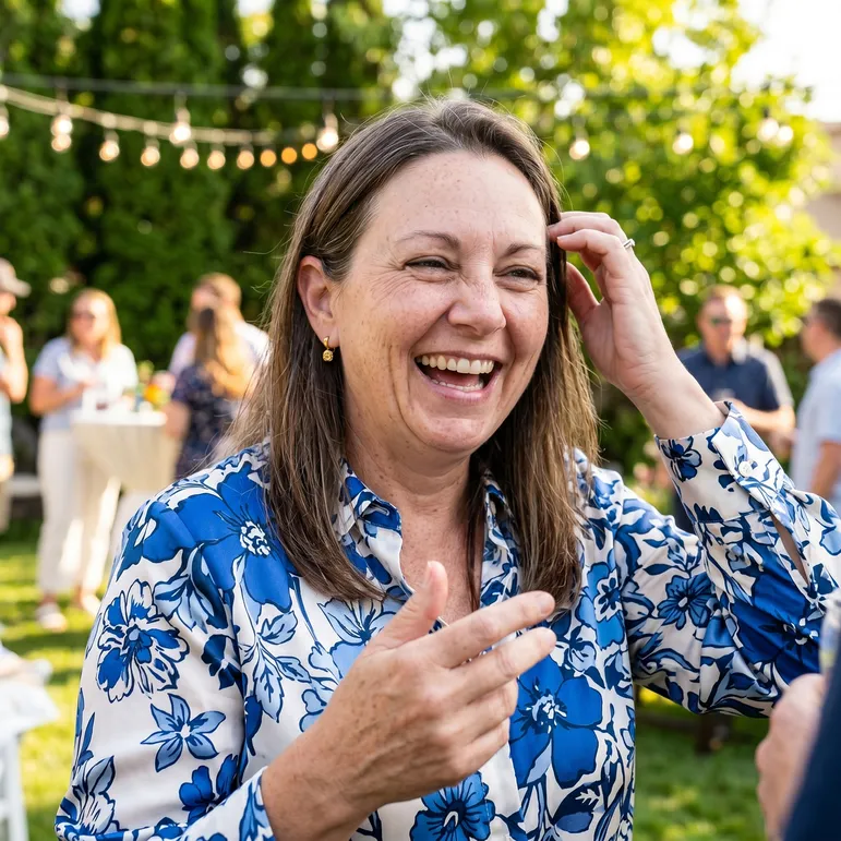 A woman laughing outdoors at a gathering, illustrating life continuing around a routine
